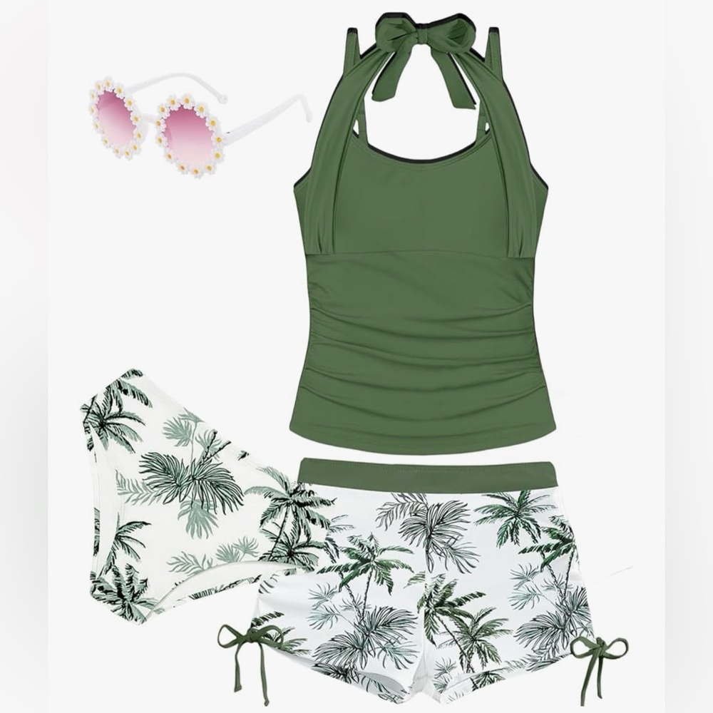 Green Kids Swim 3 Pieces Set with Tropical Print